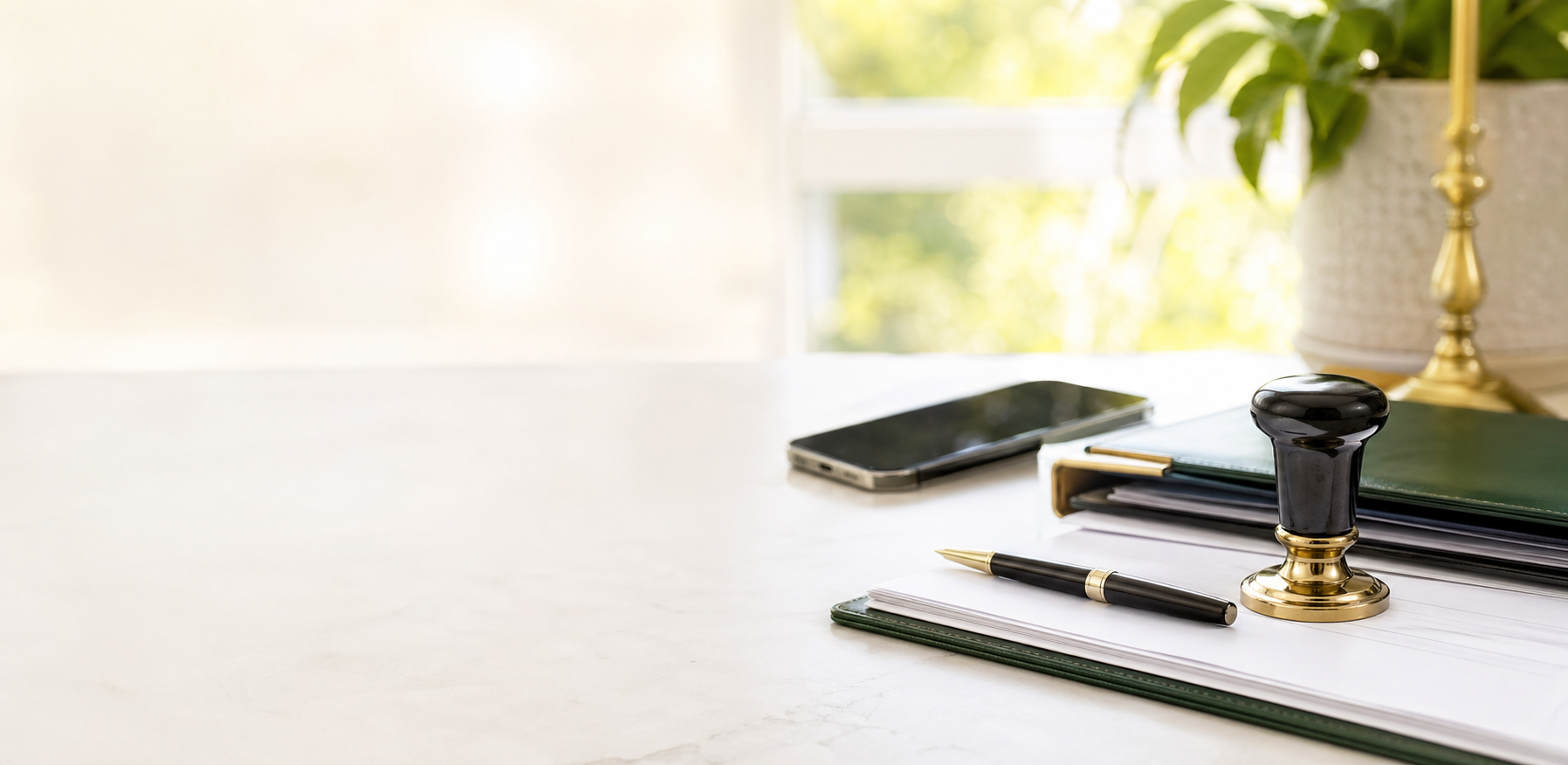 Notary stamp, paperwork, and pen on a professional desk